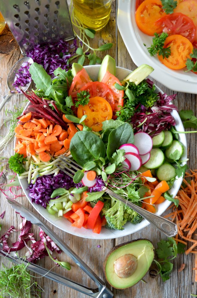 salad bowl, vegetables, lettuce, carrots, cucumbers, nutrition and sobriety 